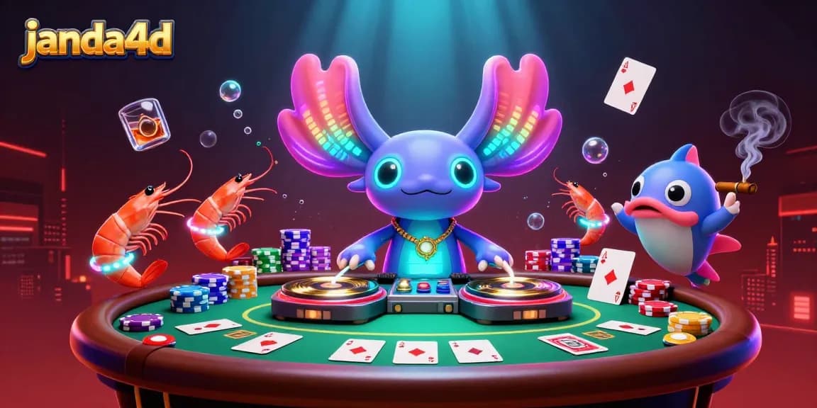 Permainan slot gacor di janda4d dengan ilustrasi DJ axolotl neon dan suasana kasinonya.