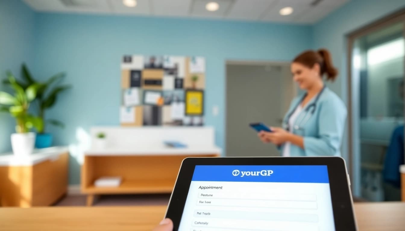 YourGP digital booking interface displayed on a tablet in a modern clinic setting.