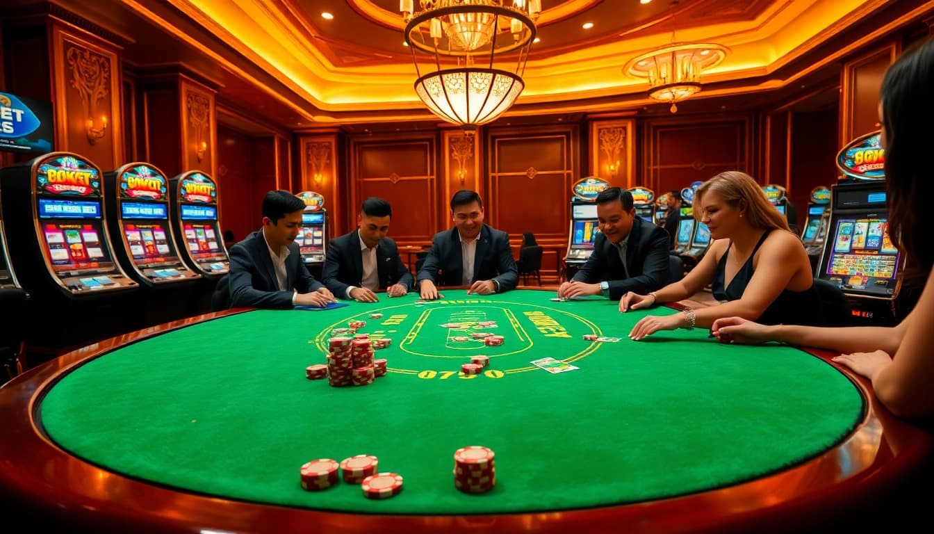 Exciting poker game in a luxurious casino atmosphere at 8qbet, featuring vibrant colors and professional players.