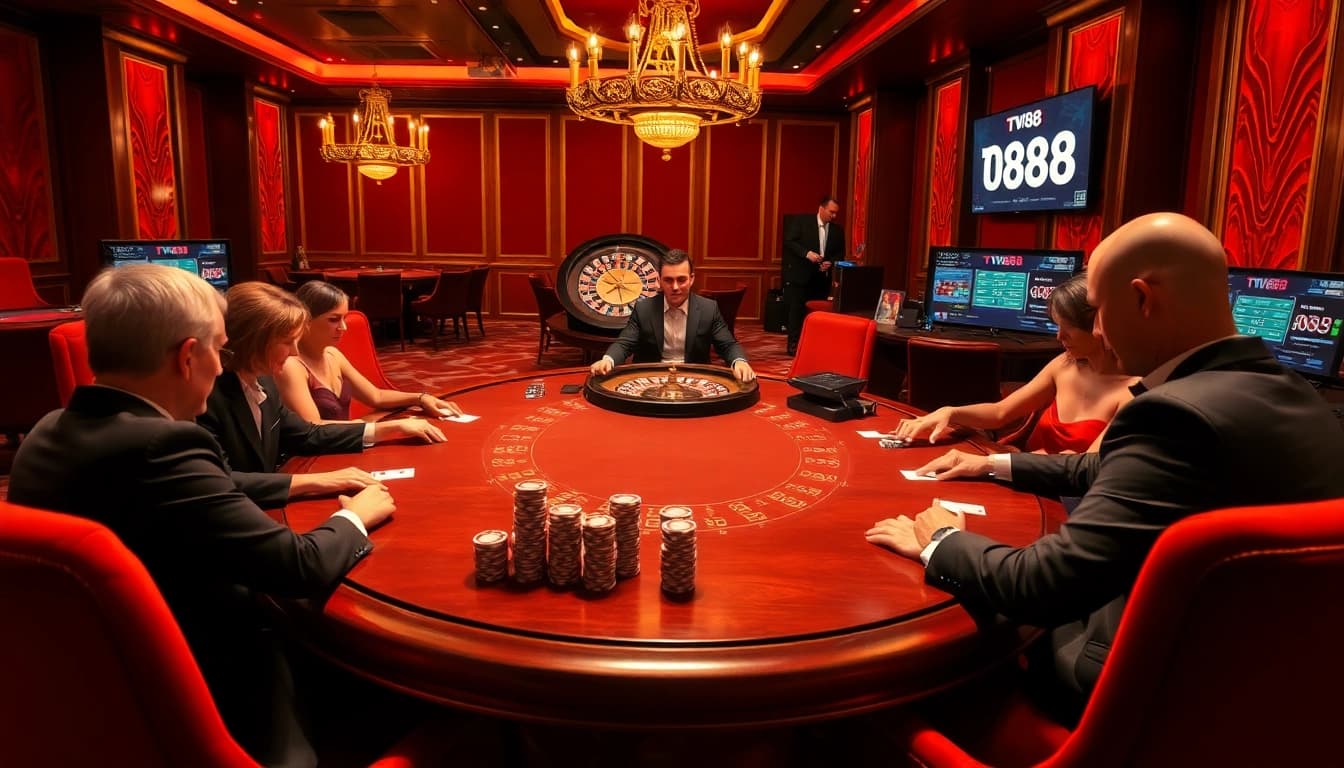 Exciting poker game at a luxurious casino featuring TV88 digital interfaces.