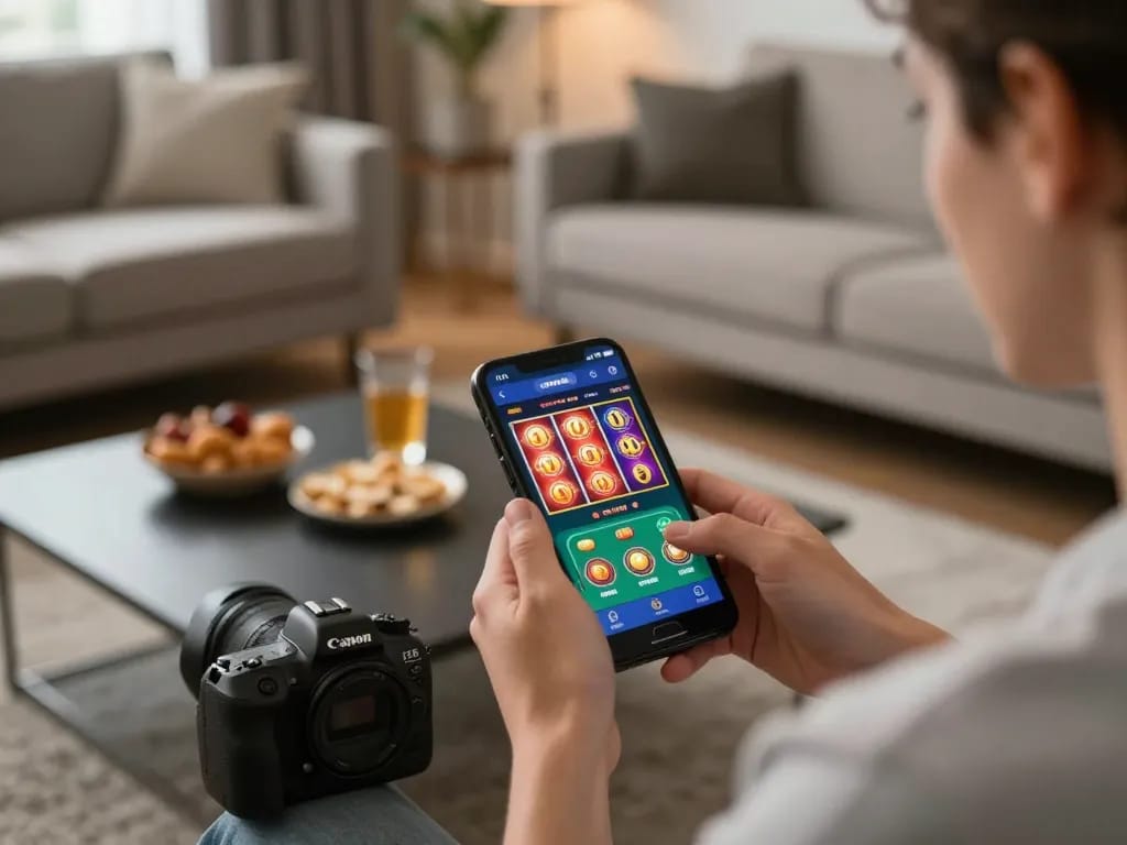 Player enjoying king33 mobile gaming experience with vibrant interface in sleek home setting