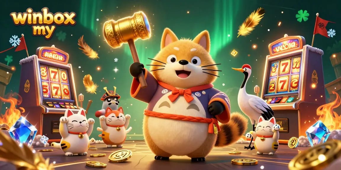Winbox my: Enjoy vibrant casino gaming with a cheerful tanuki and friends celebrating luck.