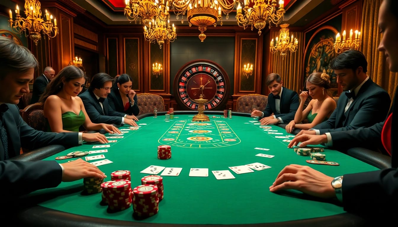 Pemain poker sedang merancang strategi di meja elegan, dipenuhi dengan chip dan kartu selama permainan dengan taruh tinggi.