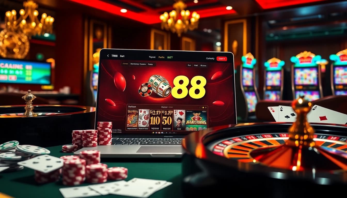 Thrilling TR88 BET online gambling experience with casino chips and cards.
