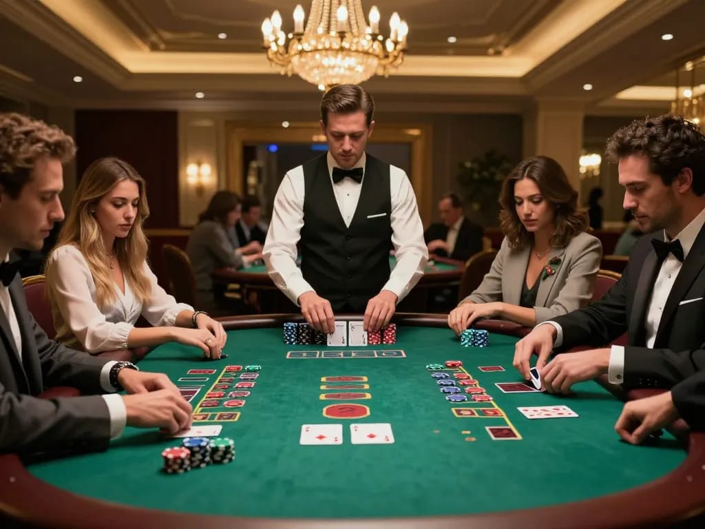 Engaged players at thabet blackjack table demonstrating strategy and excitement in a luxurious casino setting.