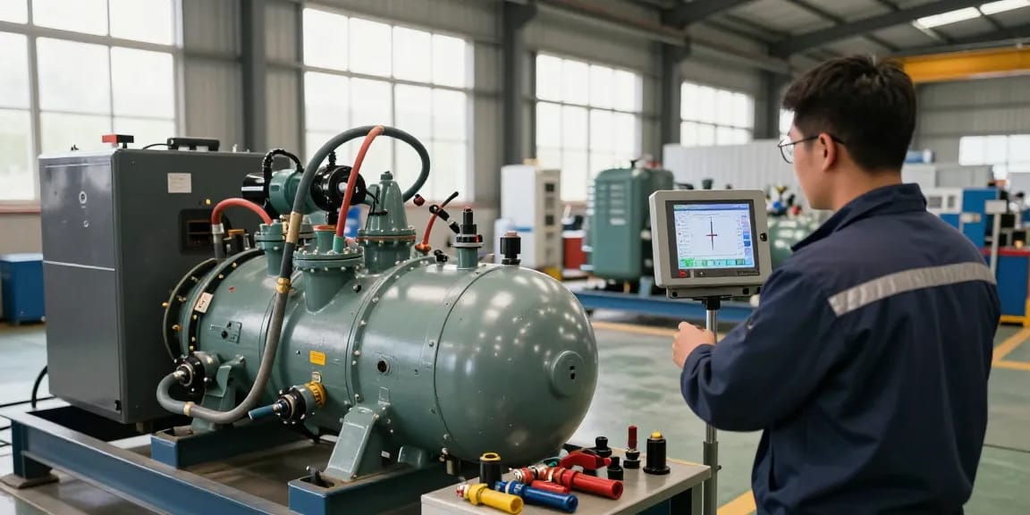 Efficient gas generator in operation with technician monitoring performance and advanced energy solutions.