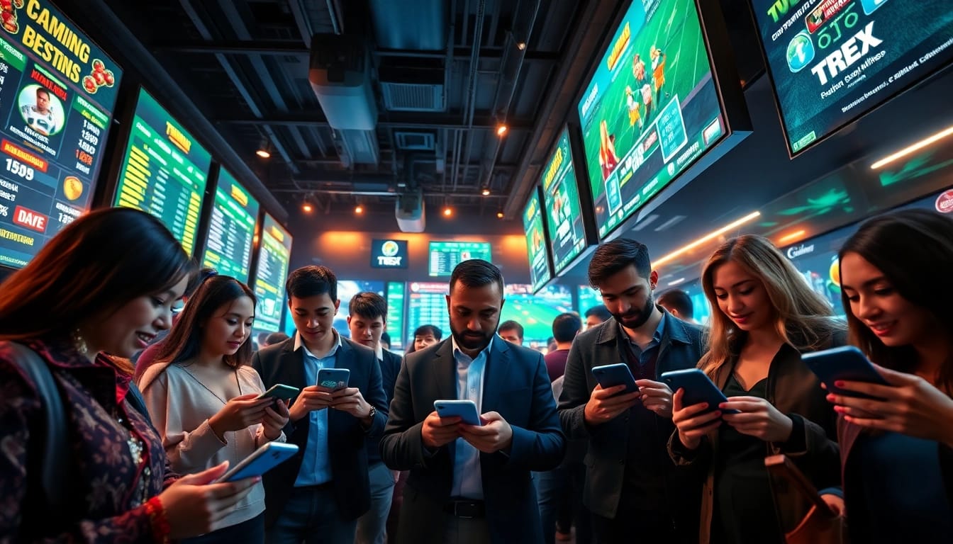Engaging betting scene representing 슈어맨 with diverse users immersed in digital gaming.