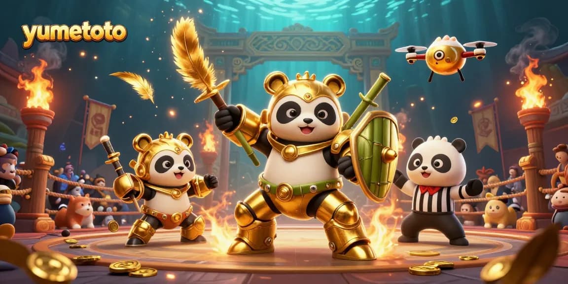 Menang taruhan dengan yumetoto, tampilan ilustrasi 3D penuh aksi di arena dengan elemen kasino.