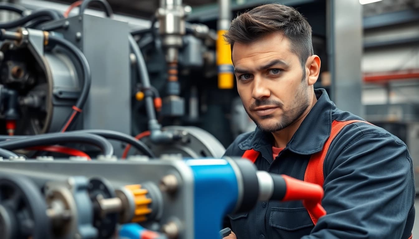 Technician engaged in on-site hydraulic repair, ensuring machinery functionality.