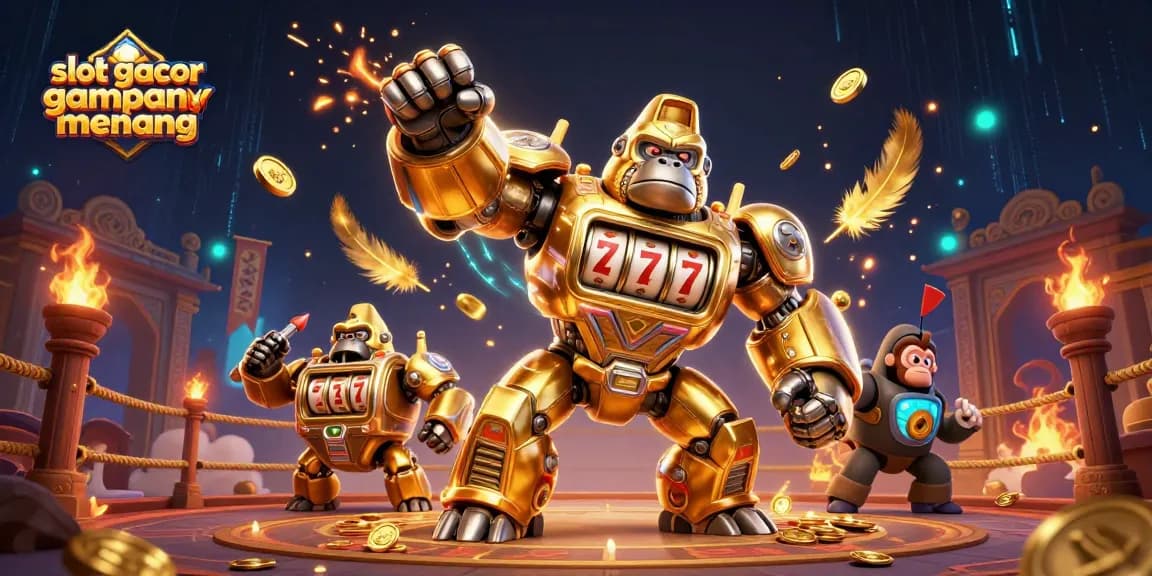Experience slot gacor gampang menang with an energetic 3D digital scene of a golden gorilla mech!