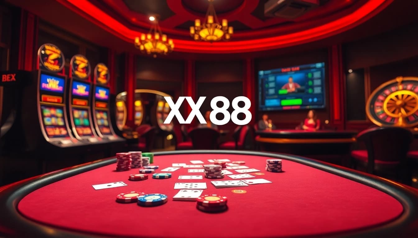 Exciting gambling scene at XX 88 casino with poker chips and vibrant slot machines.