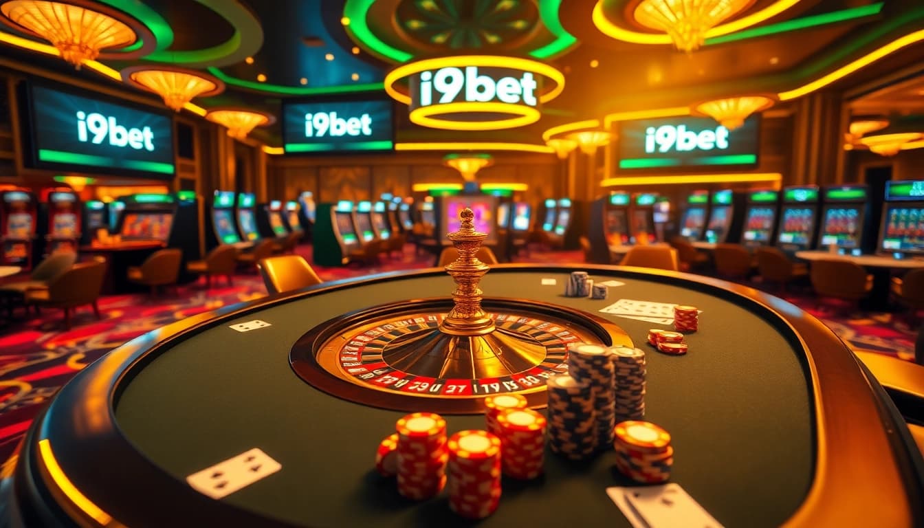 i9bet gaming table with poker chips and roulette wheels in a vibrant casino atmosphere