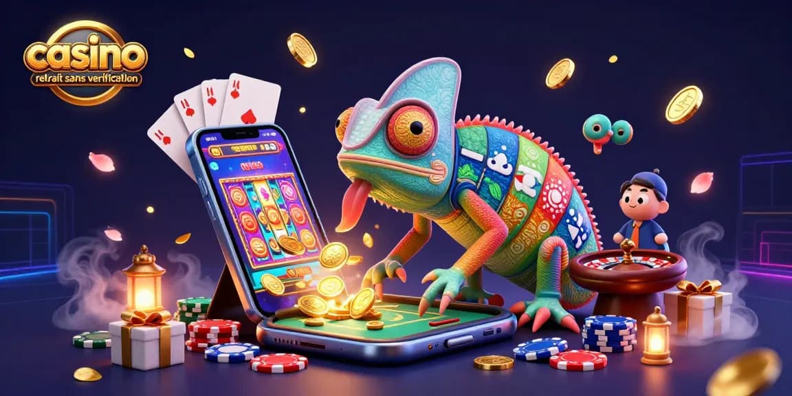 Venez jouer au casino retrait sans vérification avec un caméléon ludique entouré d'éléments de jeux.