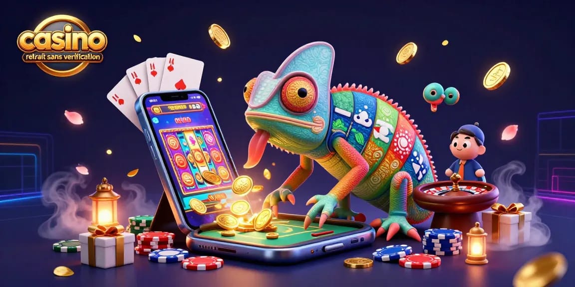 Venez jouer au casino retrait sans vérification avec un caméléon ludique entouré d'éléments de jeux.