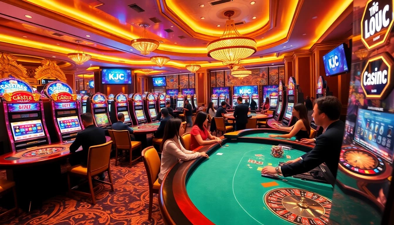KJC players experiencing the thrill of casino gaming with vibrant slot machines and poker tables.