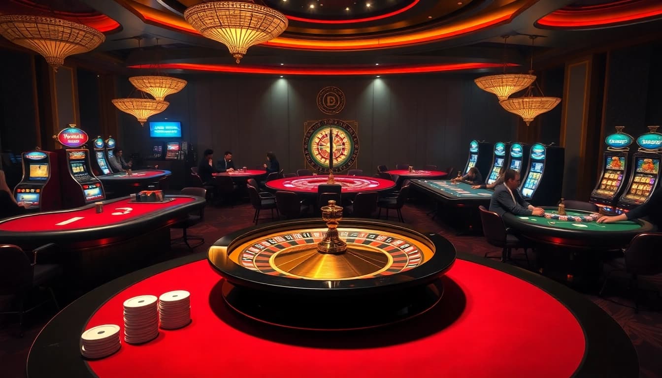 Experience the thrill of xx88 casino games with vibrant roulette and poker action in a luxurious setting.