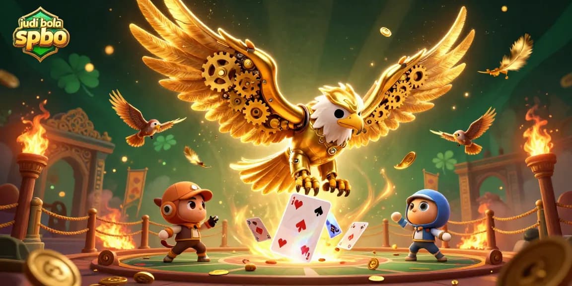 Engage in thrilling judi bola spbo action with a dynamic 3D illustration of a cybernetic eagle amidst holographic cards.