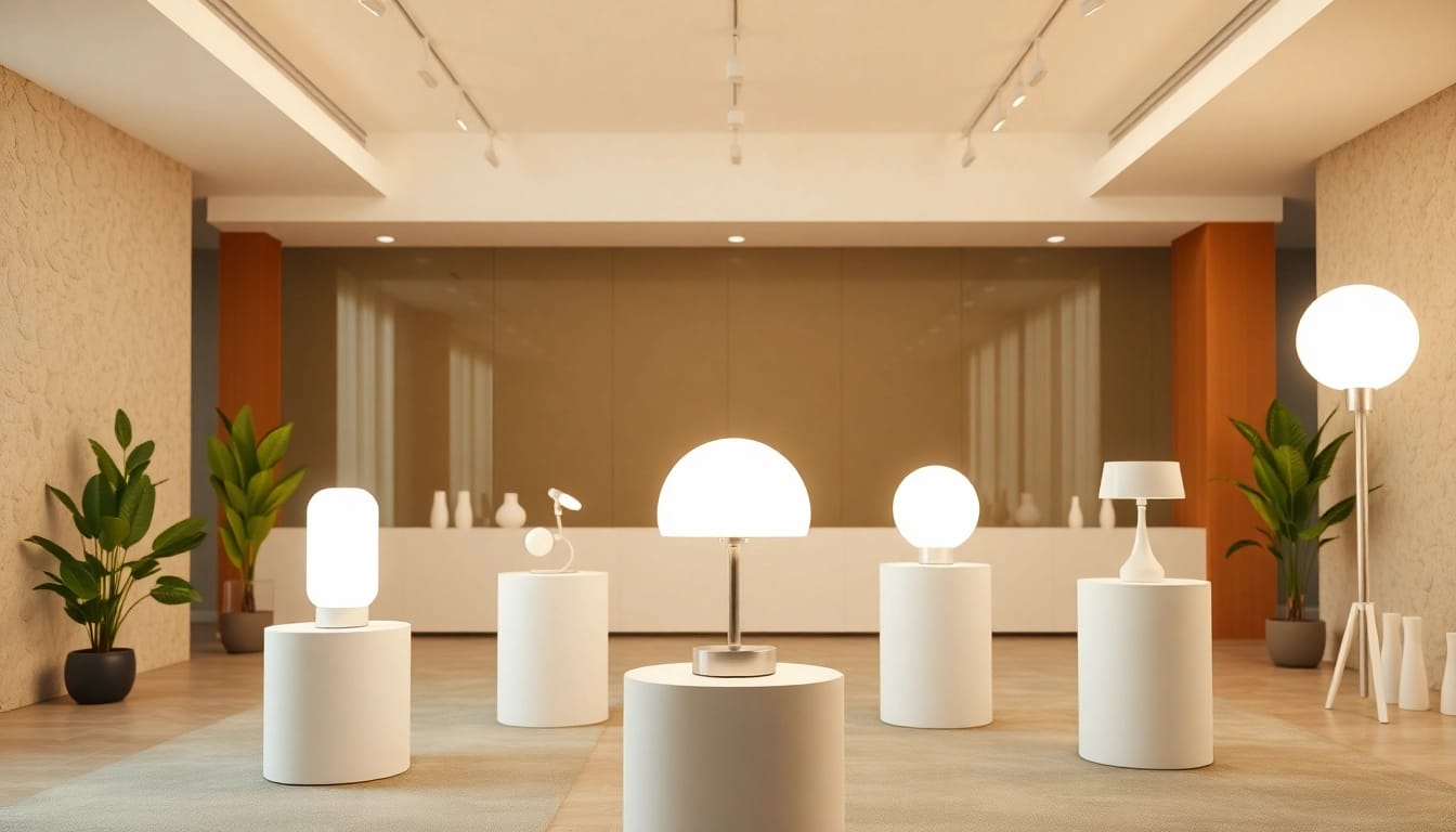 Showcasing ELC Lamps Online in a modern exhibit with sleek designs and natural lighting.