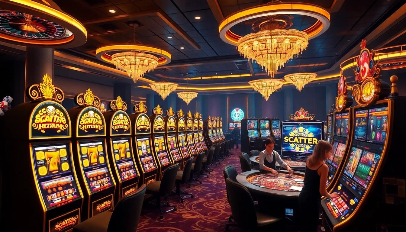 Experience the thrill of slot demo scatter hitam amidst a vibrant casino atmosphere filled with slot machines and poker chips.