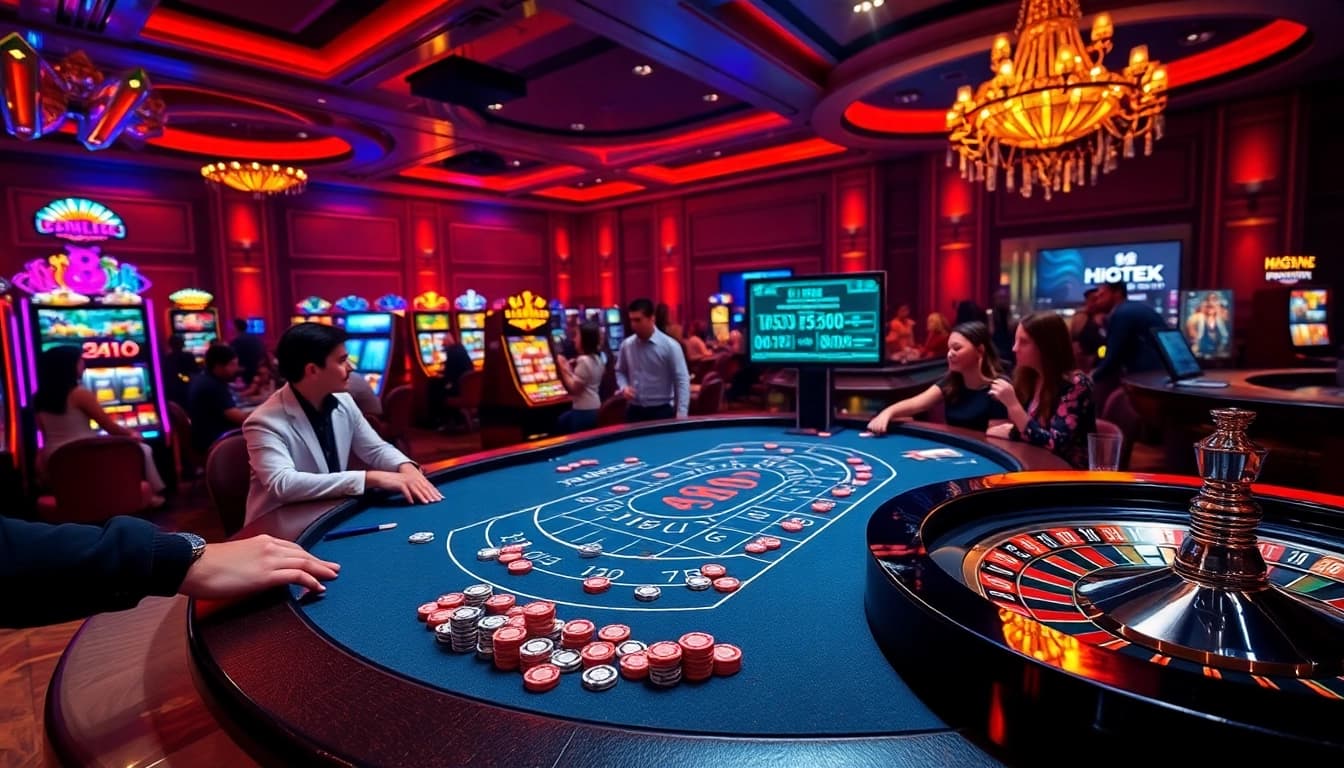 Exciting casino atmosphere at https://nk88.sa.com/ showcasing a blackjack table and vibrant slot machines.