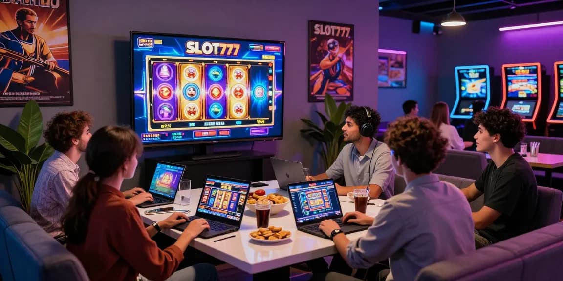 Situs slot gaming experience with friends enjoying SLOT777 online games in a vibrant digital casino setting.