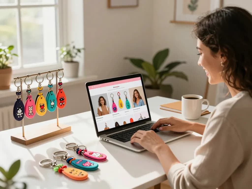 Custom key chains displayed in a trendy e-commerce workspace highlighting personalization.
