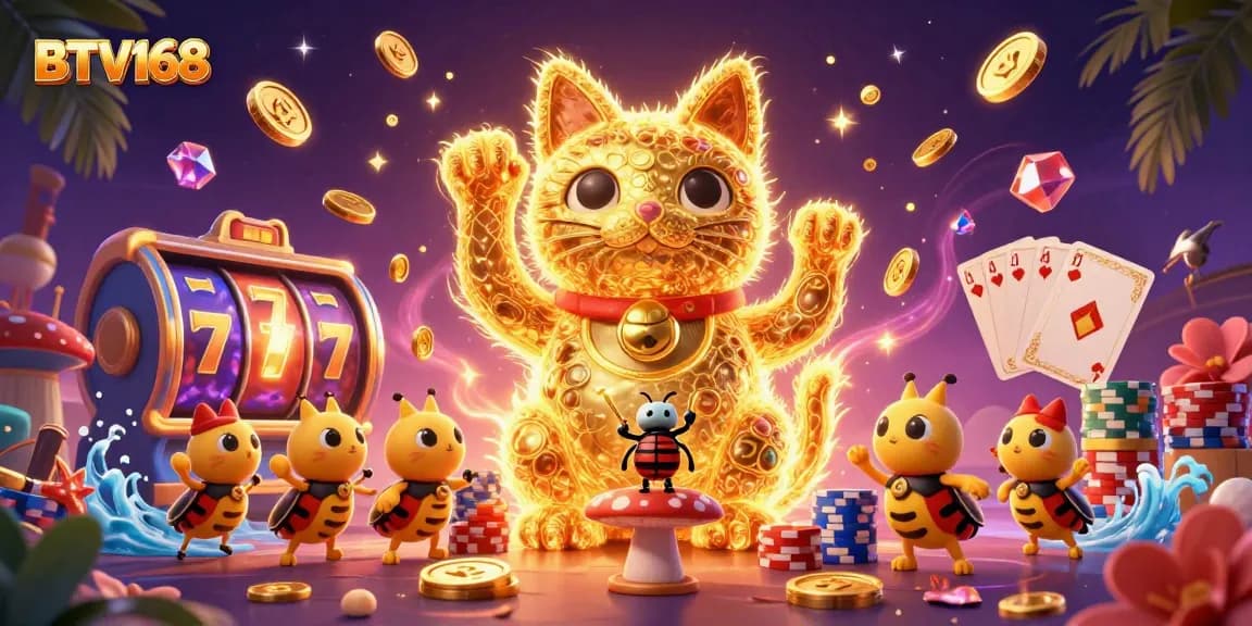 Engage with the vibrant world of BTV168, showcasing a lucky cat of fireflies amid slot machines and casino symbols.