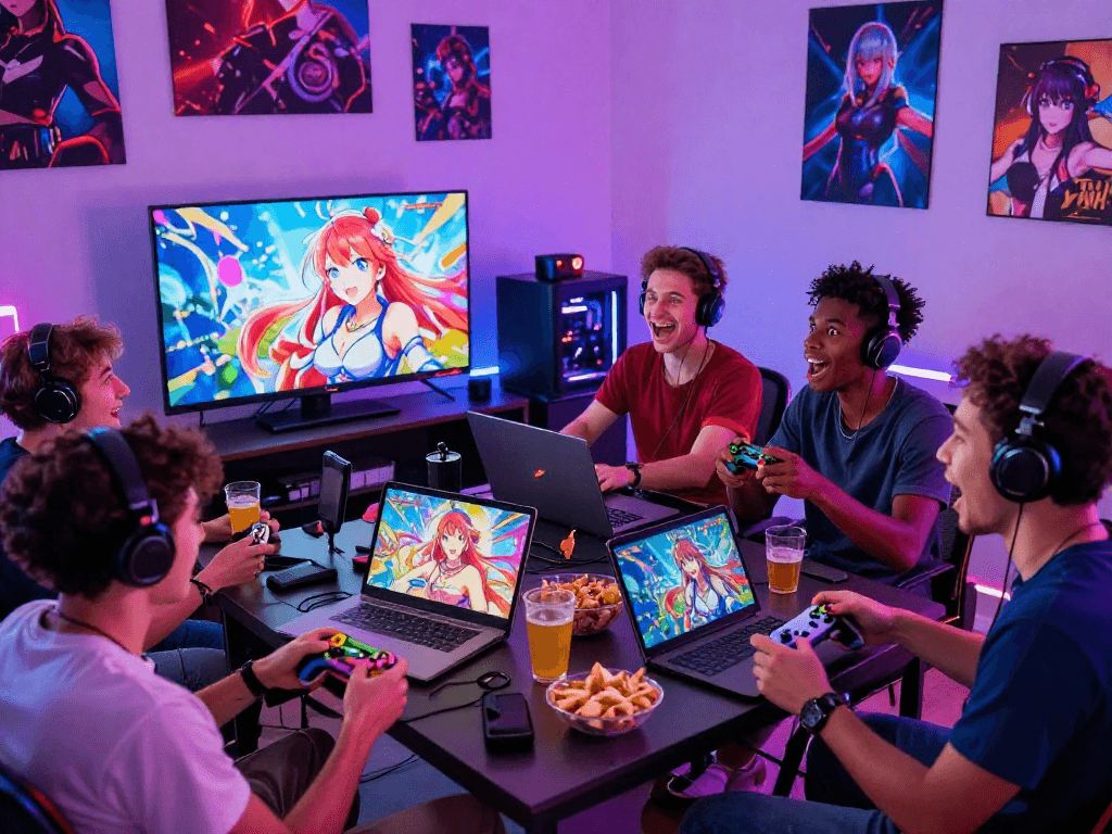 Friends enjoying a hentai game on TV with colorful controllers and vibrant atmosphere.