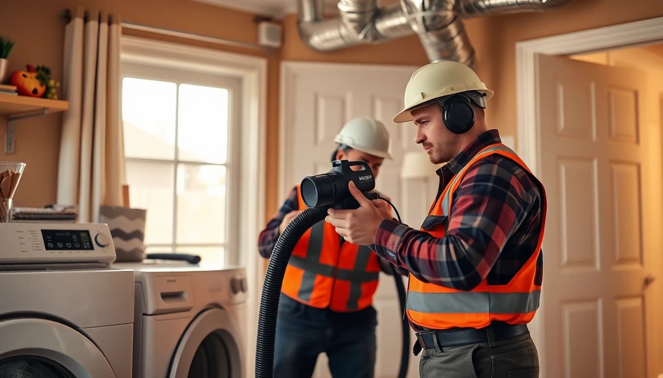 Expert technician conducting Dryer Vent Repair with specialized tools in a residential setting.