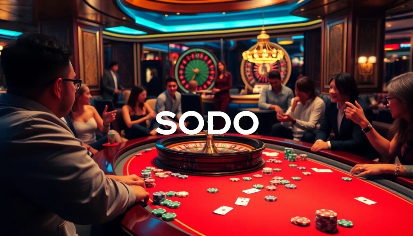 SODO Casino players enjoying an exciting poker game with vibrant roulette wheel backdrop.
