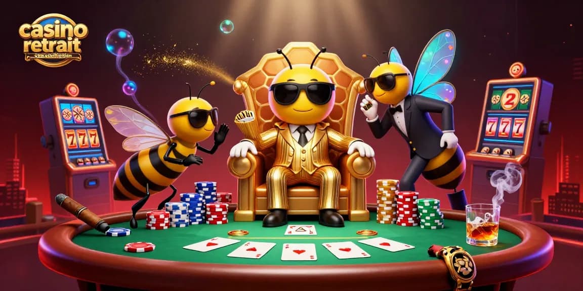 Illustration d'une scène de casino avec un patron de la mafia abeille et des éléments de jeu, casino retrait sans vérification inclus.