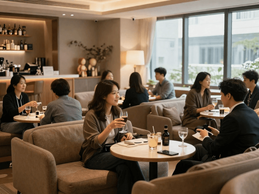 강남 멀리건의 아늑한 실내에서 손님들이 편안한 대화를 나누는 모습