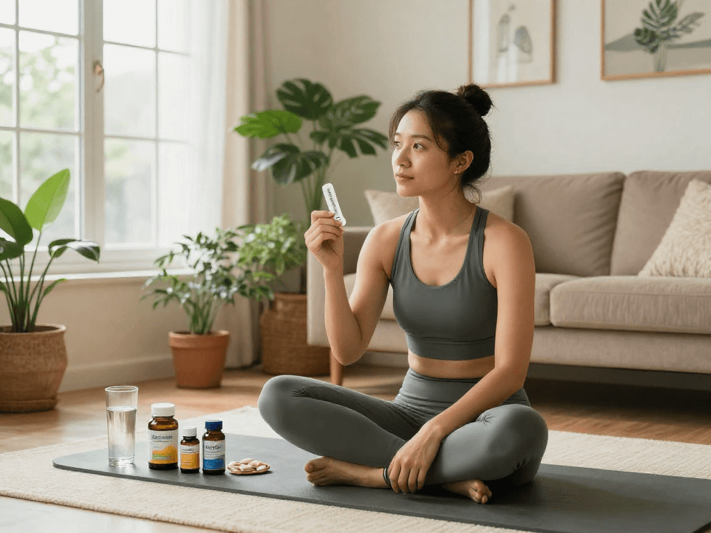 NAD+ Benefits highlighted through a person enjoying a Restore Blend Peptide Buccal Strip in a serene living room setting.
