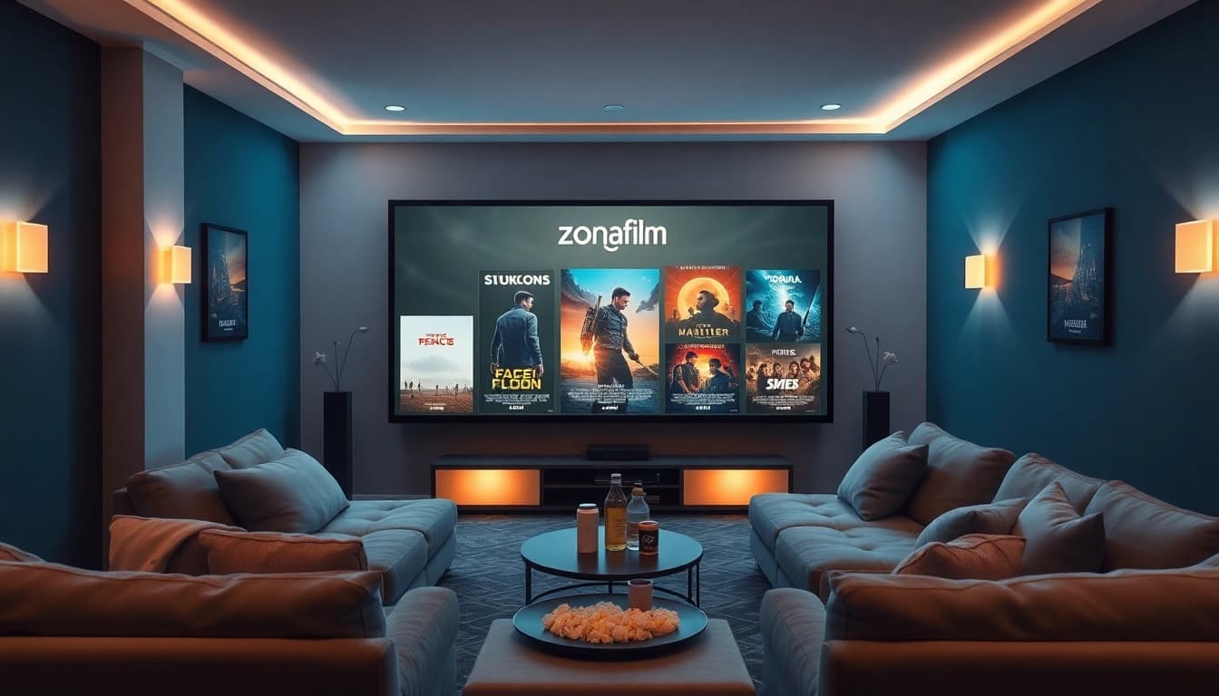 Enjoy a cozy home theater experience with zonafilm movie posters and plush seating.