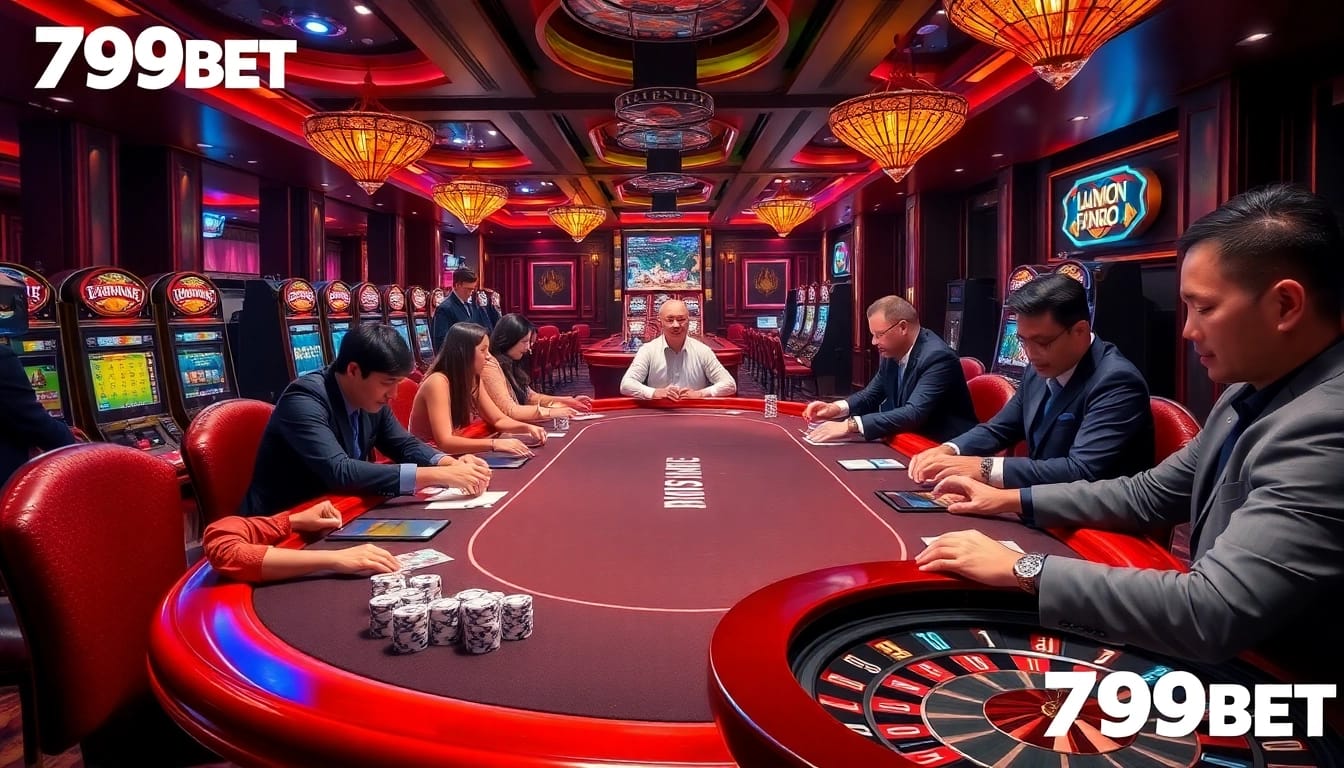 Players enjoying a thrilling game at 789BET casino with vibrant chips and cards.