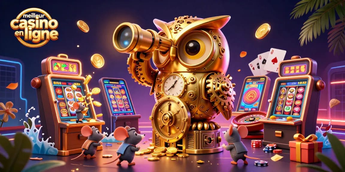 Profitez de l'excitation du meilleur casino en ligne avec un hibou doré surveillant les jeux de machines à sous.