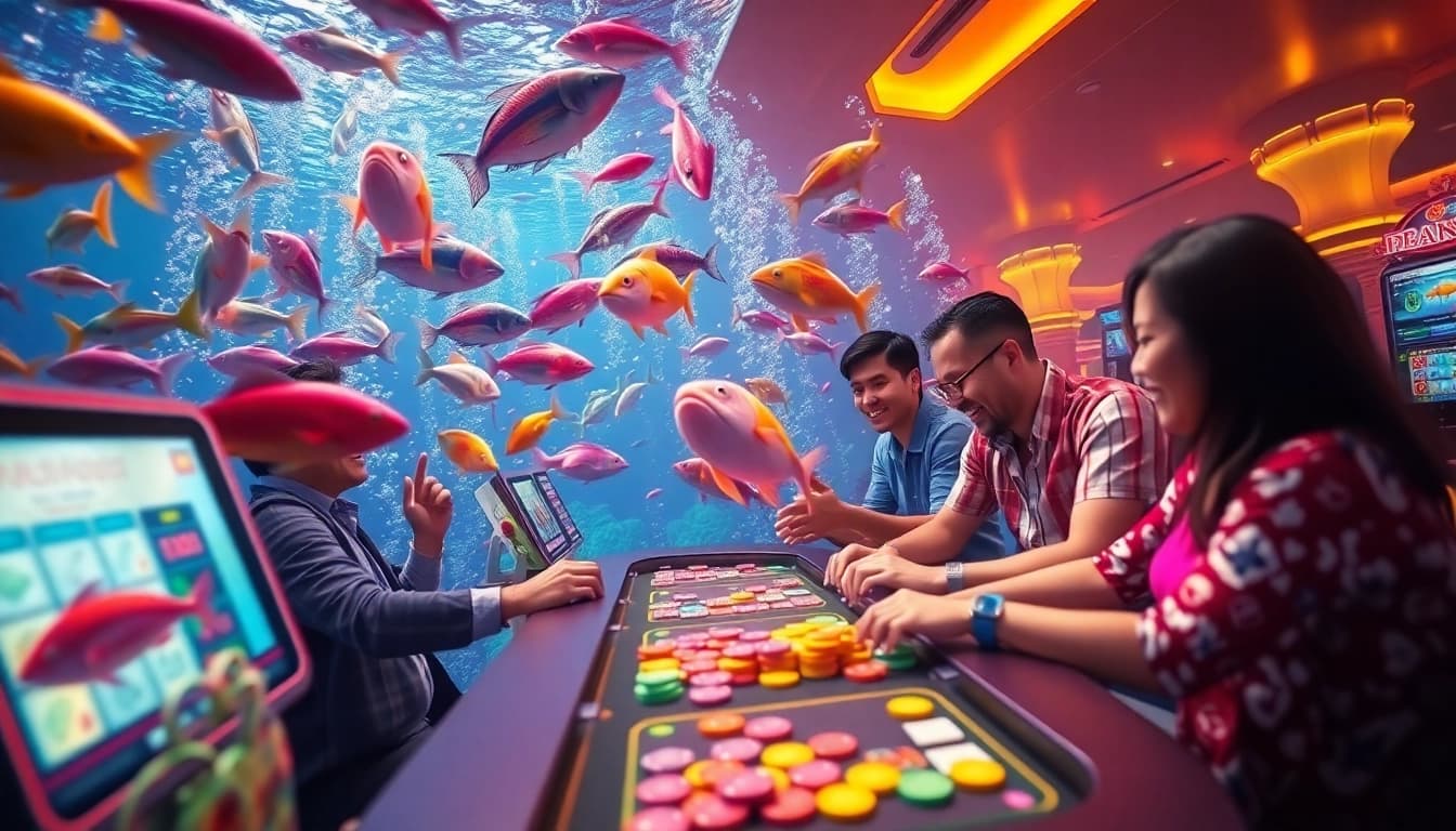 Players immersed in bắn cá đổi thưởng amidst a vibrant casino atmosphere, showcasing excitement and strategic gameplay.