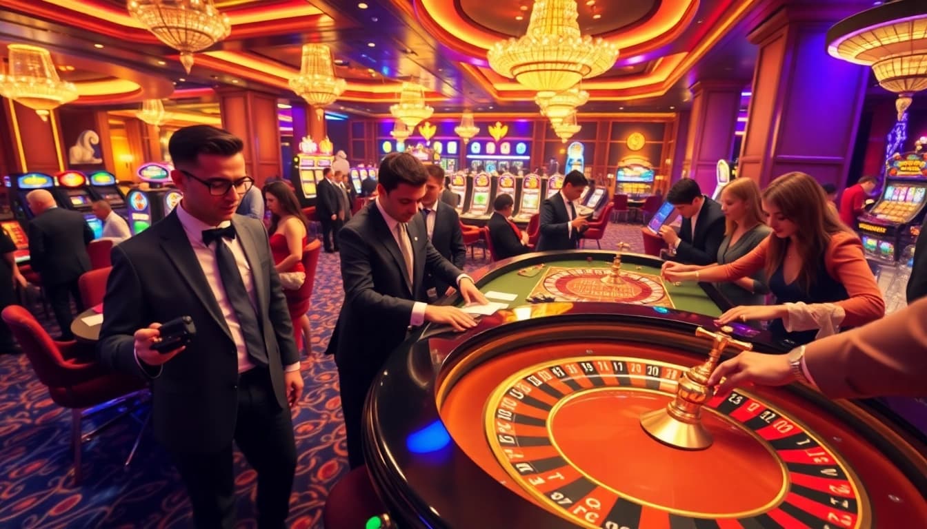 Experience the thrill of betting at https://j88.gives/ in a luxurious casino setting with roulette and vibrant players.