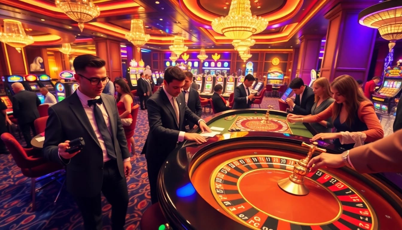 Experience the thrill of betting at https://j88.gives/ in a luxurious casino setting with roulette and vibrant players.