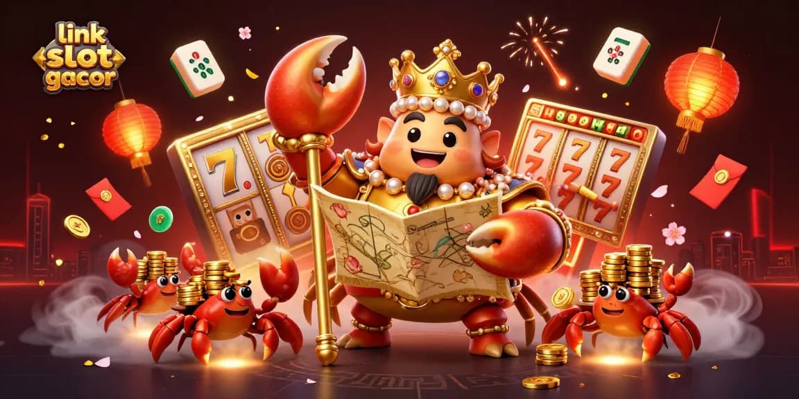 Spin the reels of link slot gacor with a golden crab emperor amidst a vibrant casino scene.