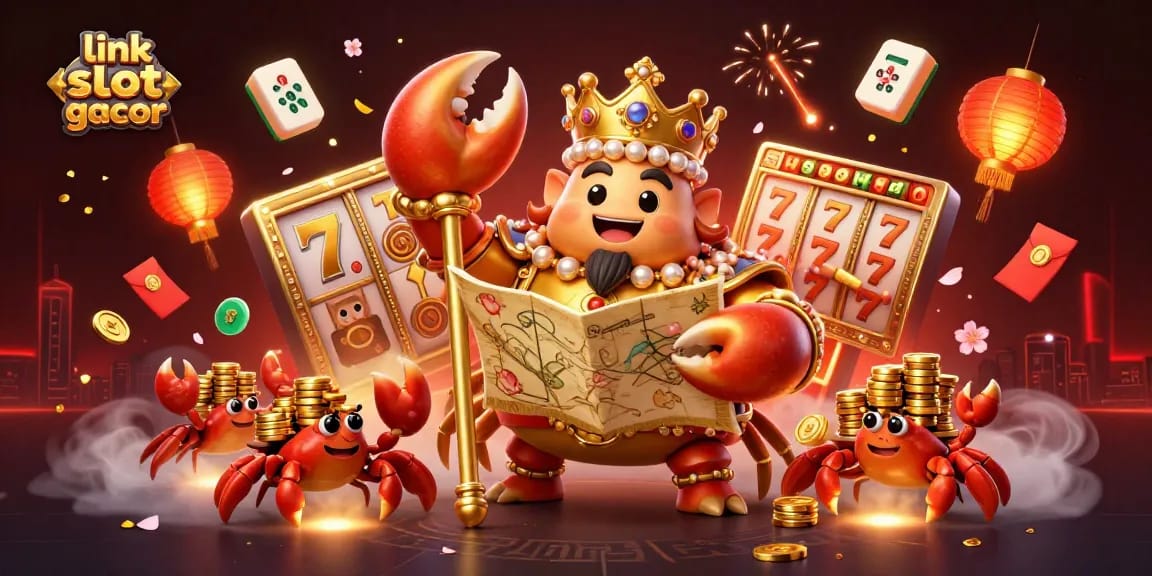 Spin the reels of link slot gacor with a golden crab emperor amidst a vibrant casino scene.