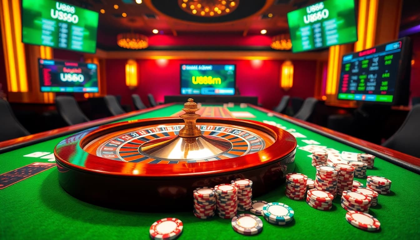 Experience high-stakes gaming with u888 com in a vibrant casino scene showcasing roulette and poker.