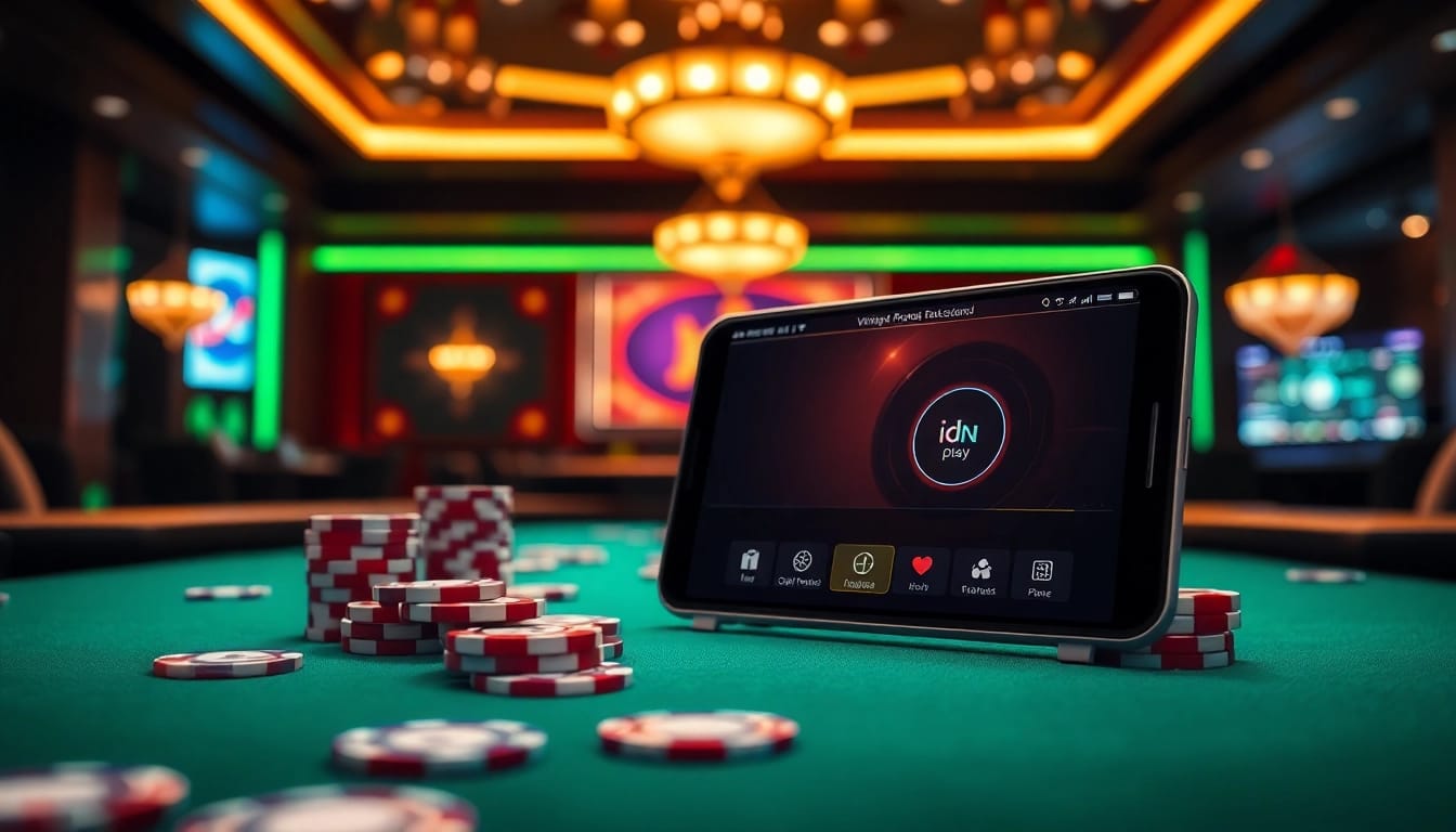Engage in thrilling idn poker action at an online casino table with poker chips and cards.