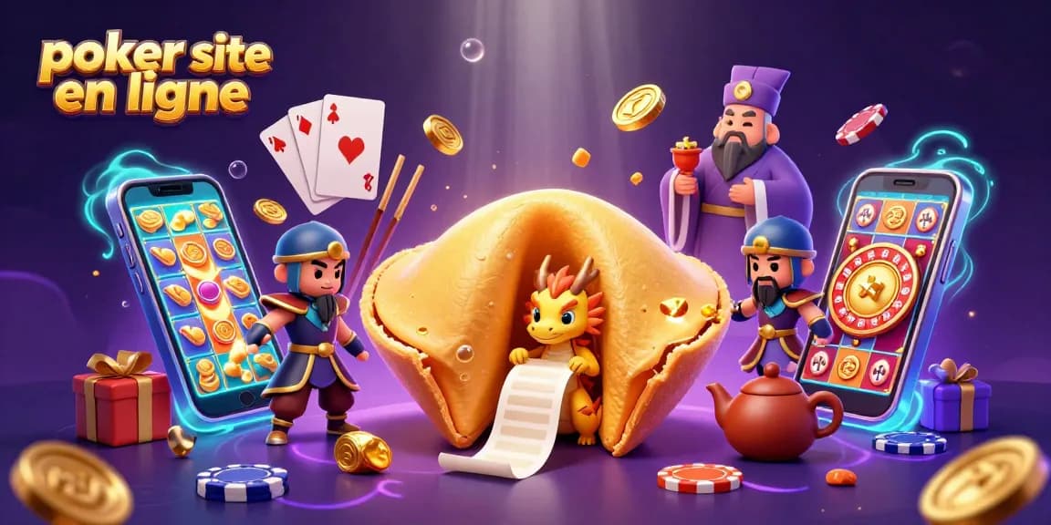 Découvrez les éléments captivants du poker sur un site en ligne, avec un dragon sage, des jeux et des jetons dispersés.