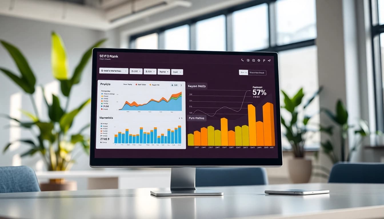 Visualize the SEO Rank Tracker analytics on a modern computer screen, highlighting key metrics.