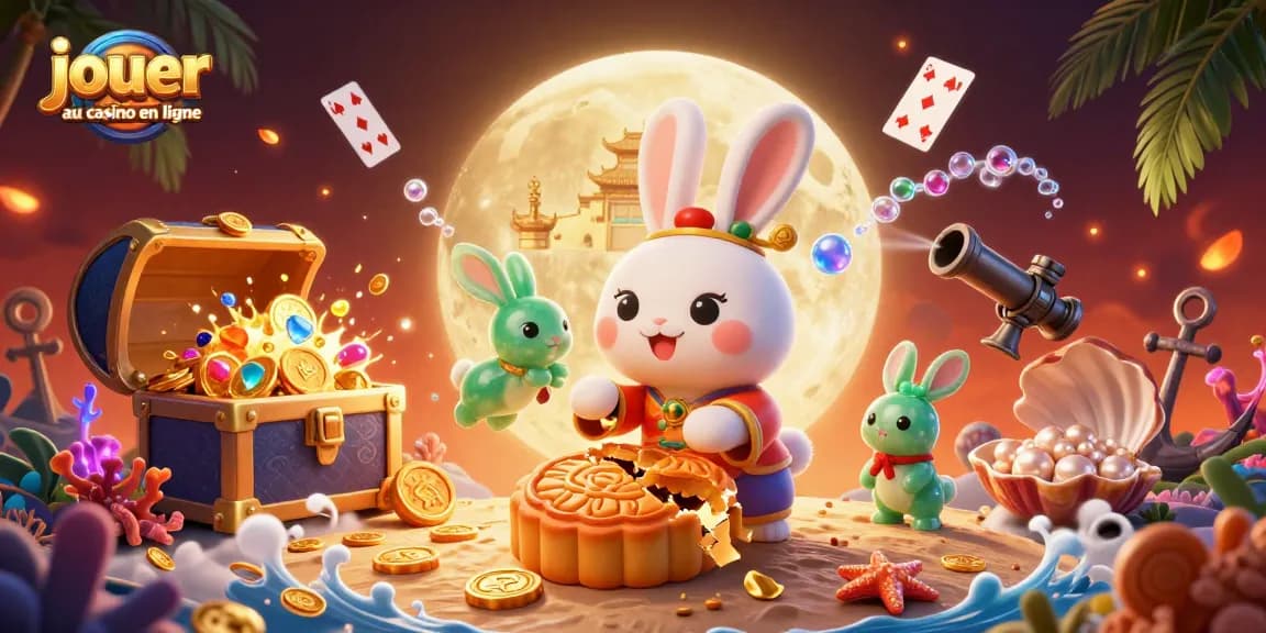 Jouer au casino en ligne avec une illustration dynamique d'un lapin lunaire chinois entouré de jetons et d'éléments marins.