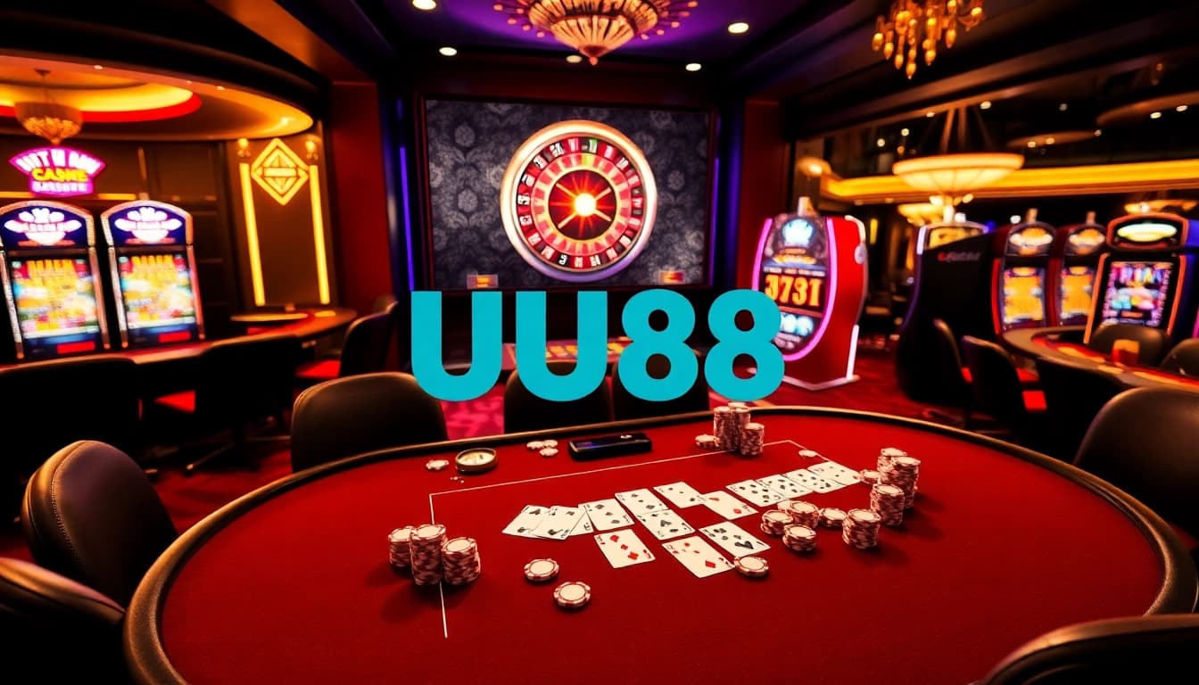 UU88 online casino scene showcasing poker, roulette, and vibrant slot machines in a luxurious setting.