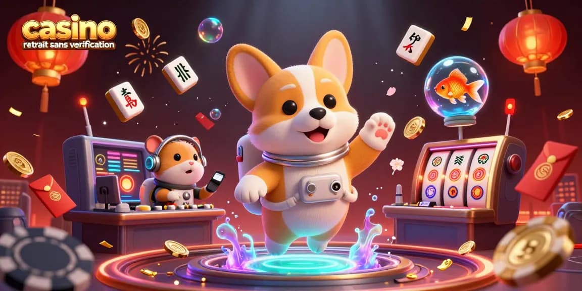 Illustration d'un casino sans vérification avec un corgi astronaute et des éléments de jeu en 3D.