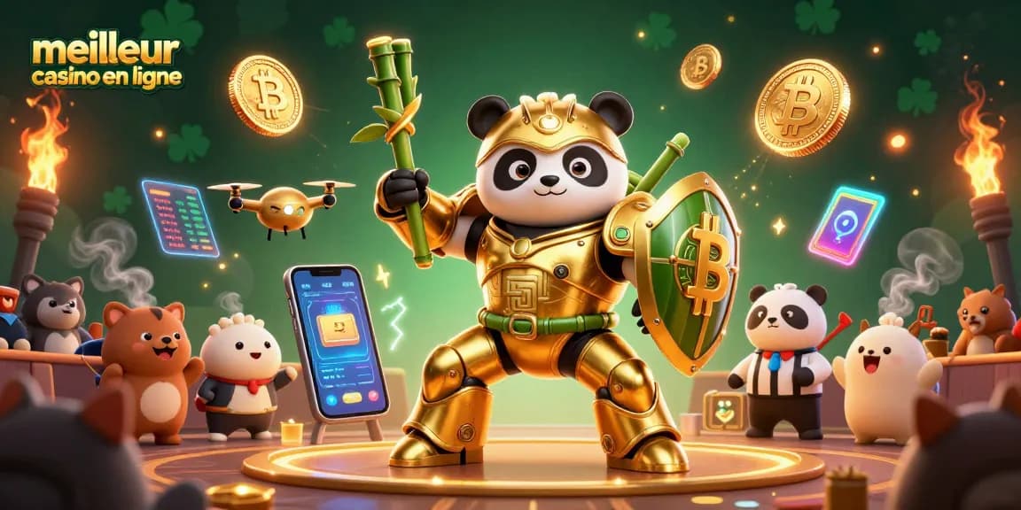Découvrez le meilleur casino en ligne avec notre illustration dynamique de panda en armure dans un univers de jeux de casino.