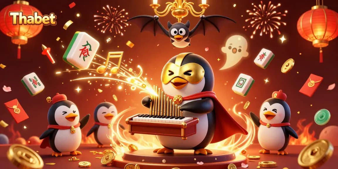 Experience the magic of Thabet casino with a penguin organist shooting golden coins amid musical celebrations.